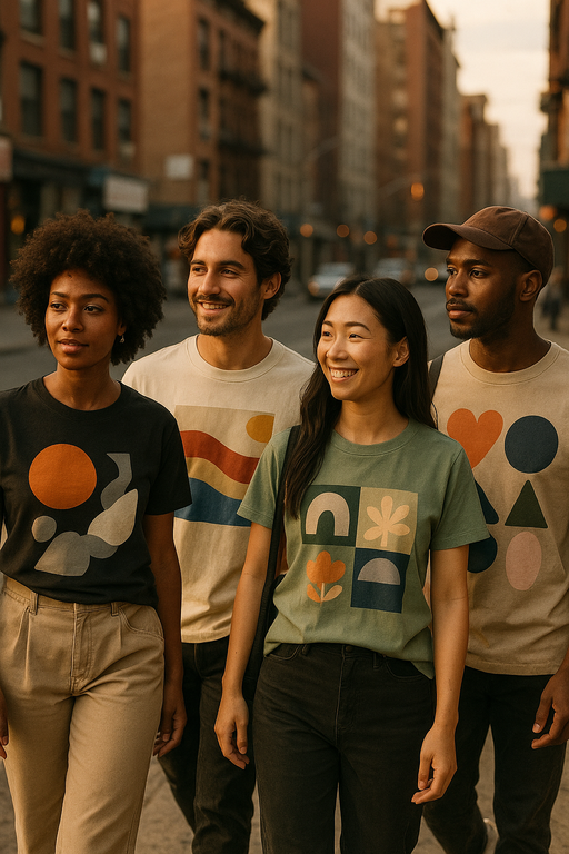 Diverse group wearing stylish funny graphic T-shirts in urban setting