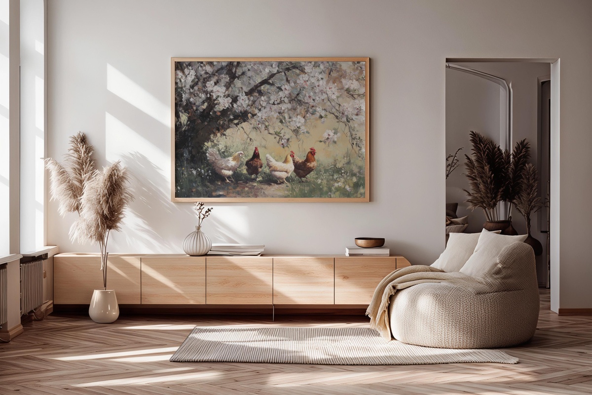 Blossom-Watching Chickens Farmhouse Printable Wall Art with chickens beneath blossoming apple tree