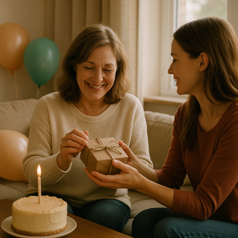 Femeie de 45–55 de ani deschide un cadou mic împachetat într-un living luminos, la o aniversare