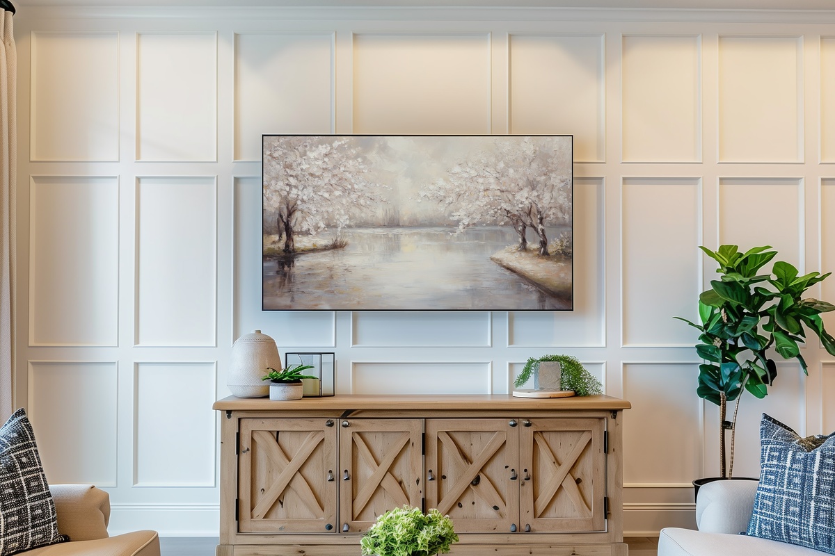 Mirror-like Cherry Lake Landscape Frame TV Art