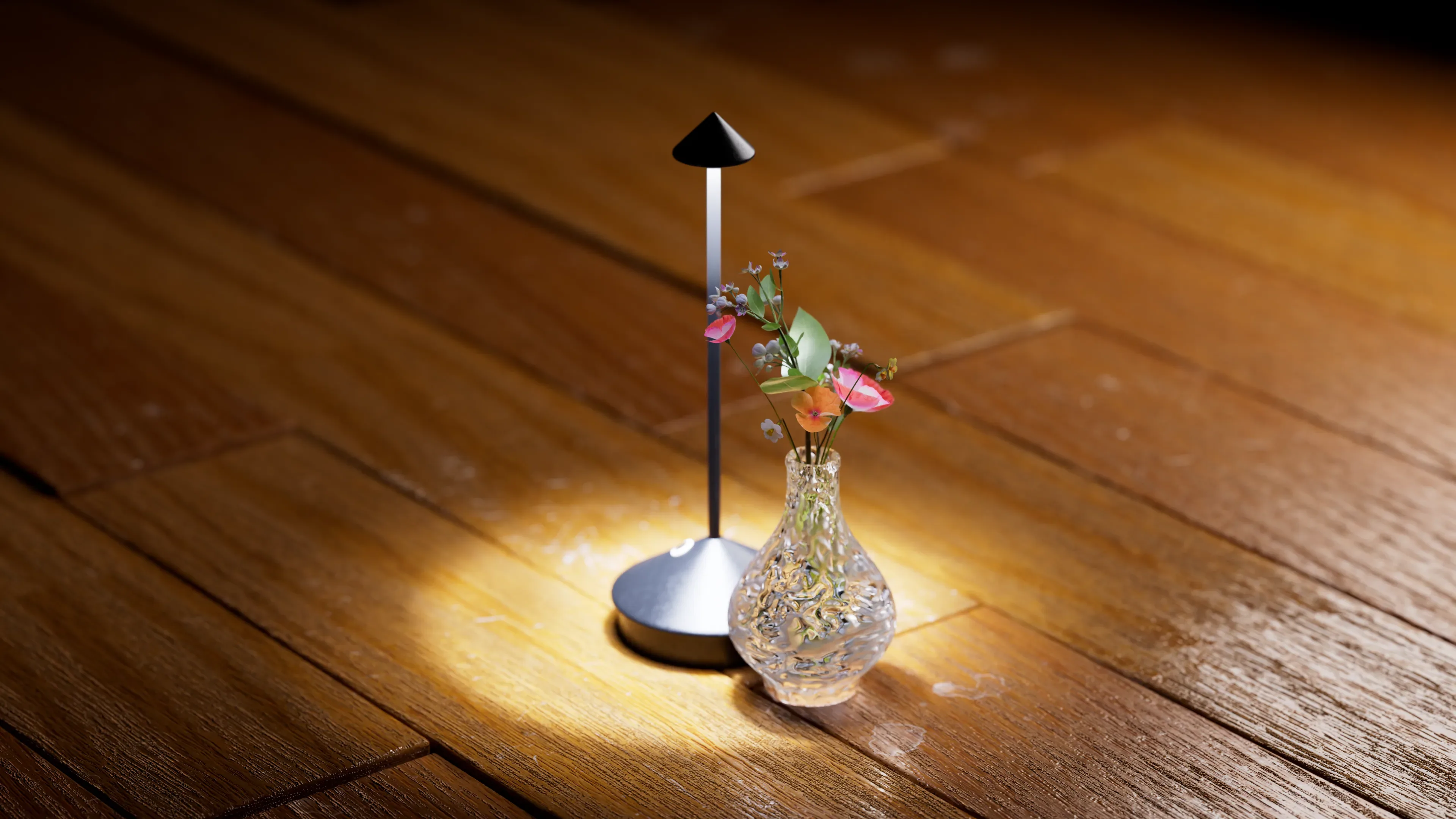 3D rendered minimalist black table lamp with warm glow next to a textured glass vase with flowers on a wooden floor Unda home goods concept