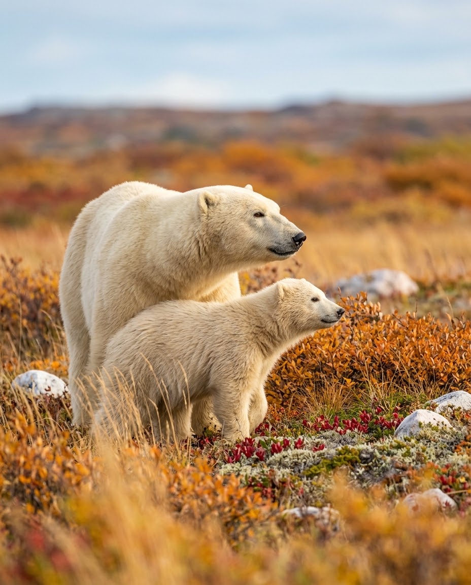 A polar bear and cub among the colorful autumn tundra