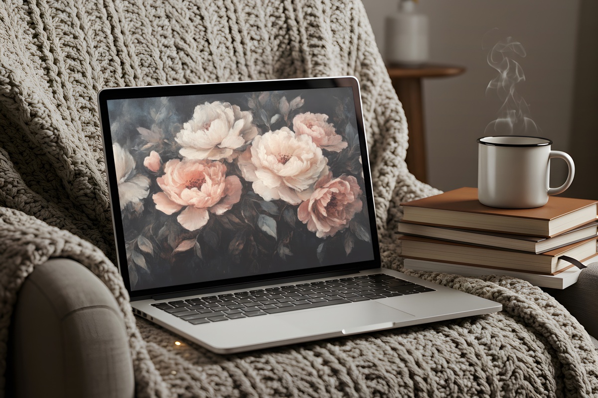 Refined Dark Blush Florals desktop wallpaper with dark background