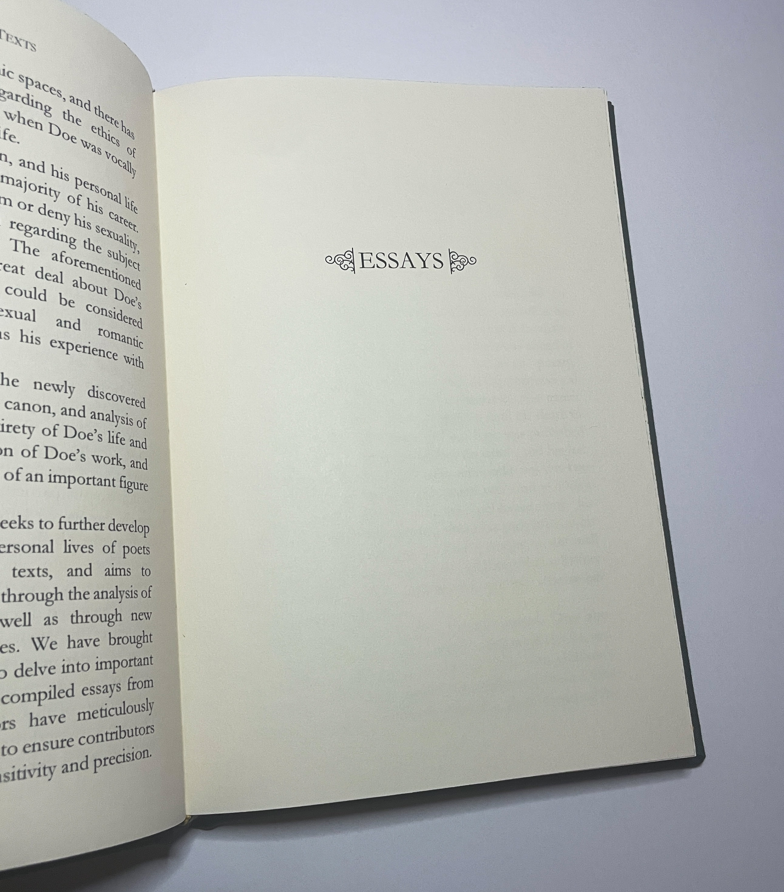 The introduction page for the Essays section, which has the word 'Essays' in all caps with curling ornaments to either side of it.