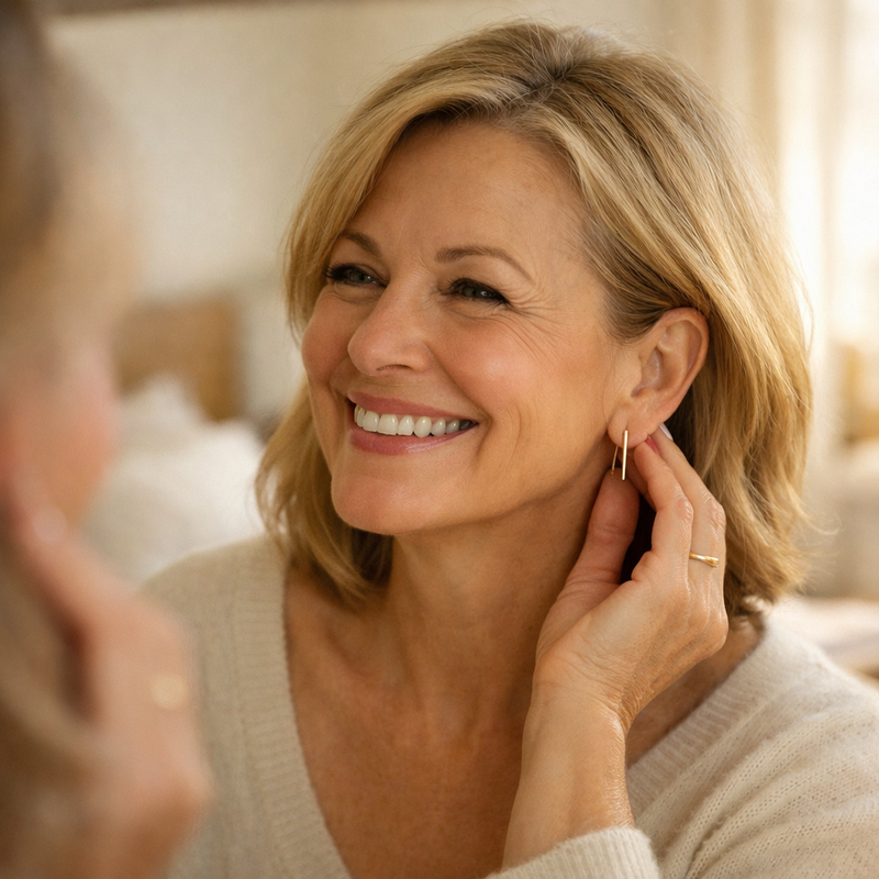 Donna di 50 anni che indossa nuovi orecchini minimalisti e si guarda allo specchio con espressione felice