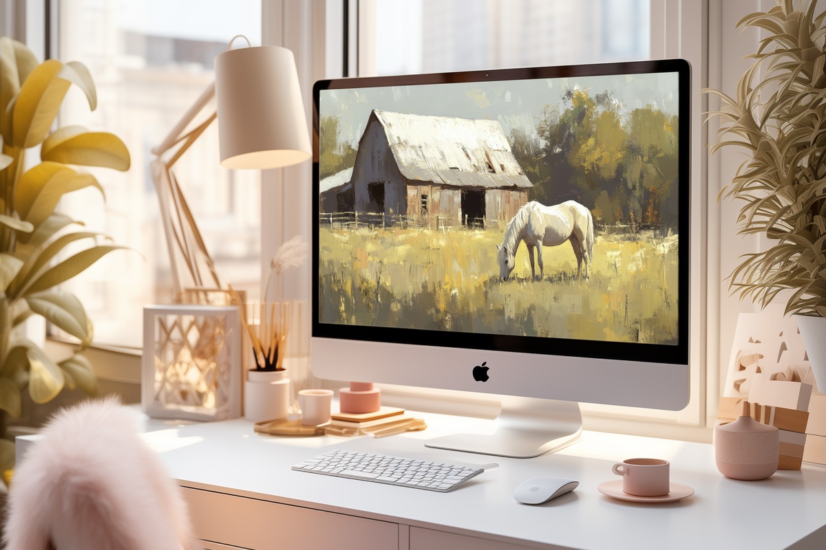 Horse by Rustic Barn Tranquility desktop wallpaper with a grazing horse beside a weathered barn