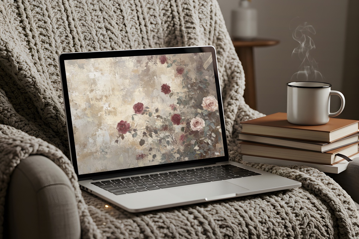 Roses in Walled Tranquility Vintage Desktop Wallpaper