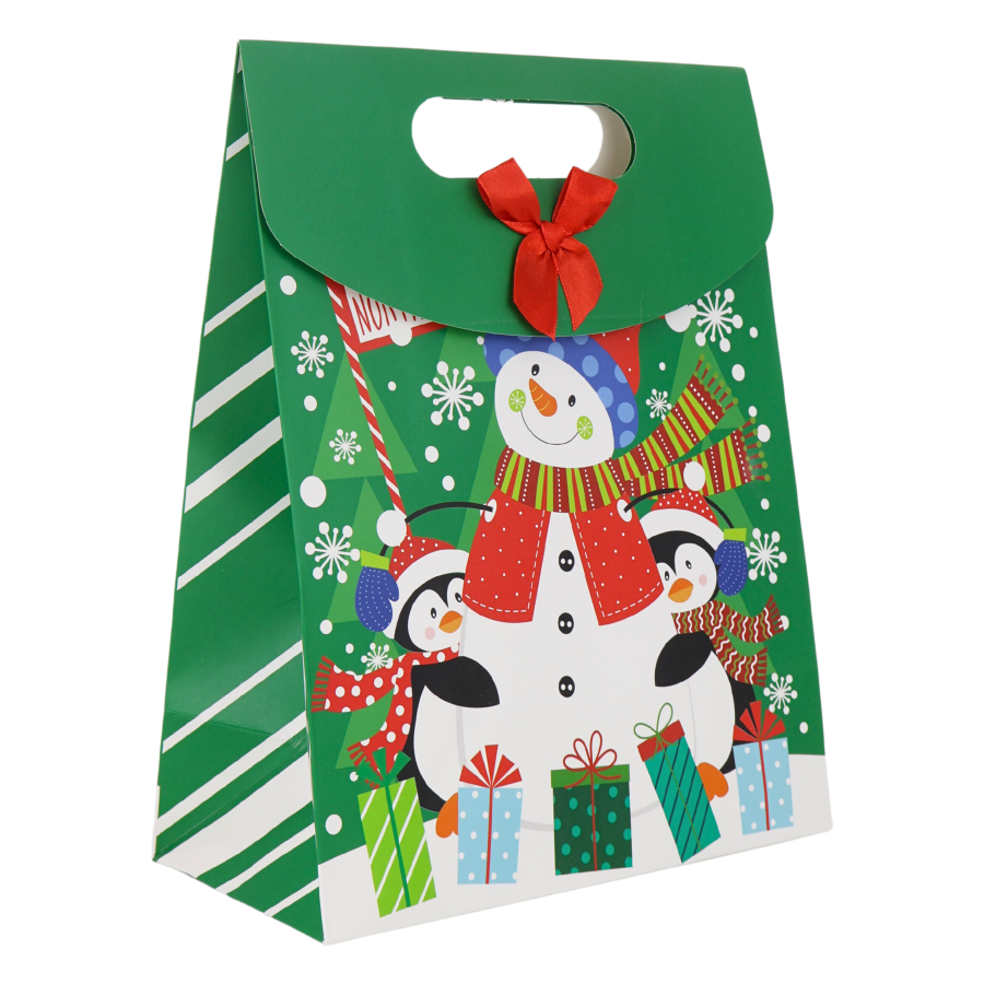 Bolsa navideña muñeco de nieve verde, 31cm, papel