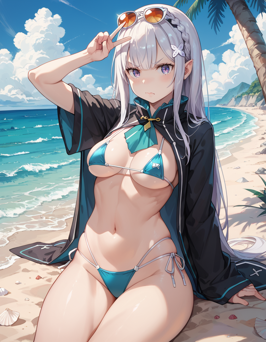 【リゼロ】 エミリアのマイクロビキニ by いすこ with ai art, swimsuit, Emilia, cum dump, Re:Zero, Emilia (Re:Zero), M-shaped legs