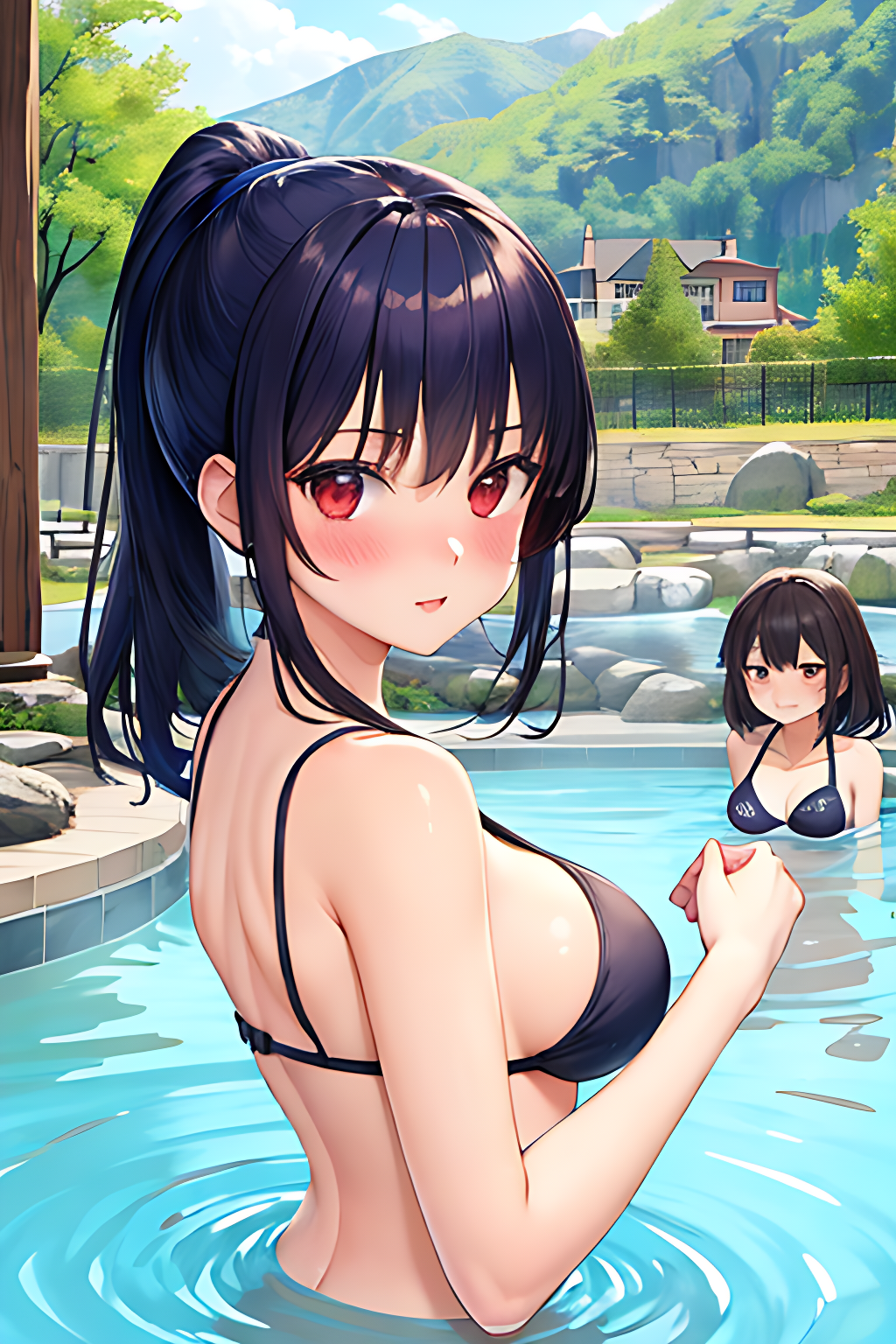 AIイラスト勉強中(ご注意:奇形や違和感あります) by AI実験室 with beautiful girl, Shizuku Yaegashi, Arifureta: From Commonplace to World's Strongest, onsen, bikini, swimsuit, breasts