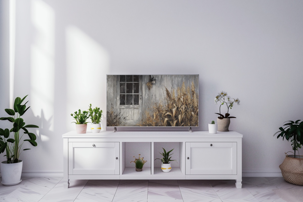Corn Stalk Farmhouse Harmony Frame TV Art with autumn corn stalks