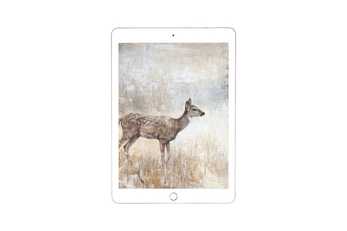 Deer in Tranquil Meadow vintage iPad wallpaper in muted beige and ivory