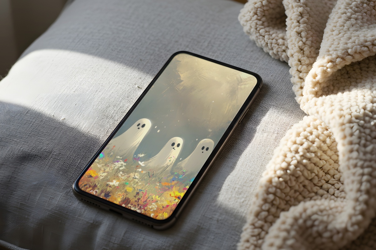 Playful Ghosts in Wildflower Field Halloween iPhone Wallpaper