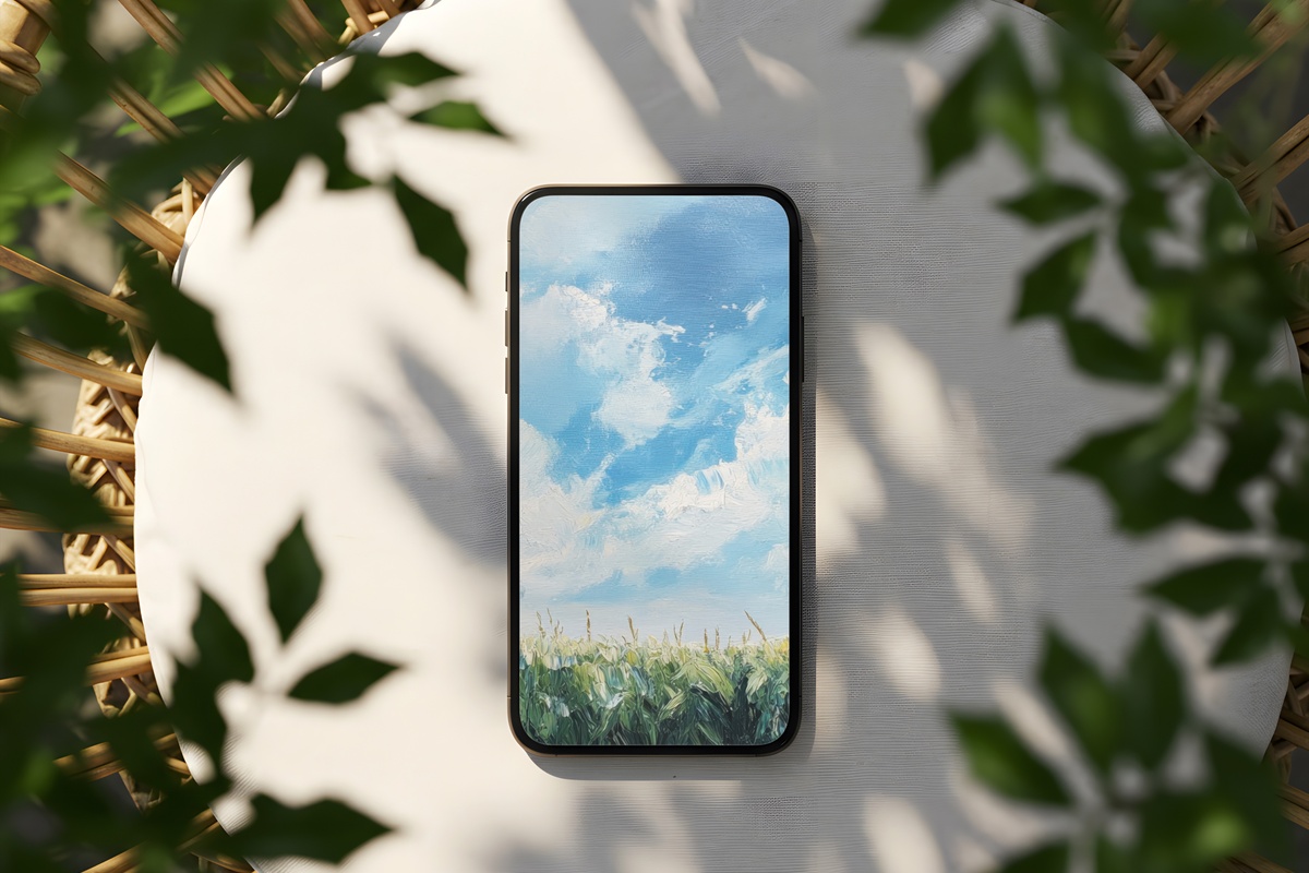 Cornfield in Blue Tranquility farmhouse iPhone wallpaper in muted blue-green tones