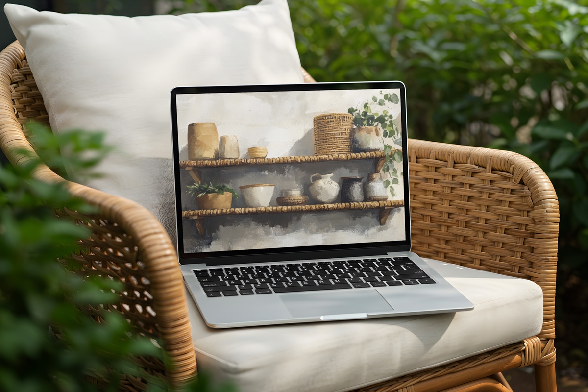 Rattan Shelving Serenity Boho Desktop Wallpaper