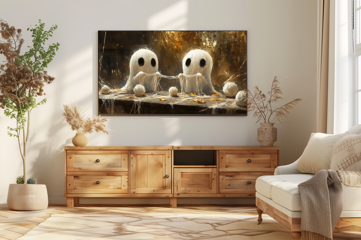 Ghostly Knitters in Cozy Scarves Halloween Frame TV Art