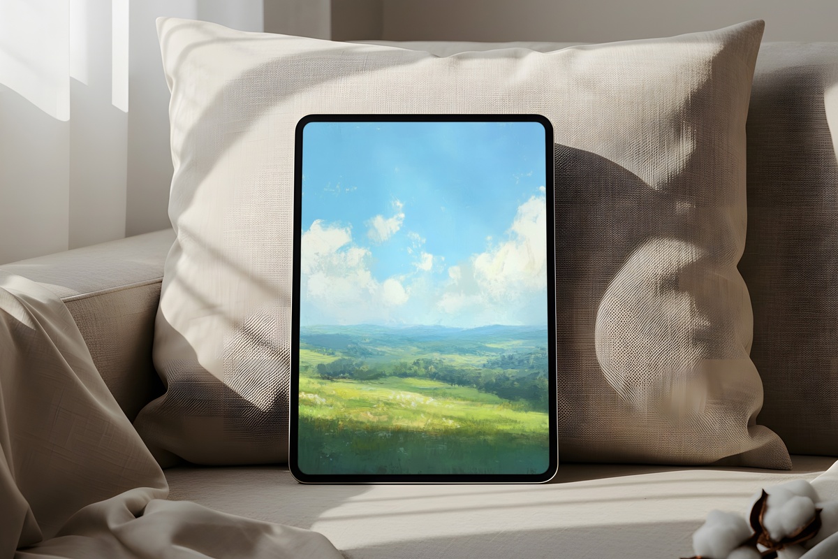 Valley Harmonized in Blue landscape iPad wallpaper in slate blue, sage green, and misty grey