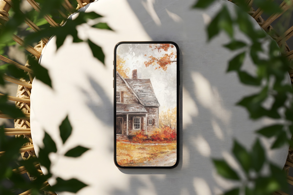 Quiet Farmhouse Autumn Leaves farmhouse iPhone wallpaper in warm ochre tones