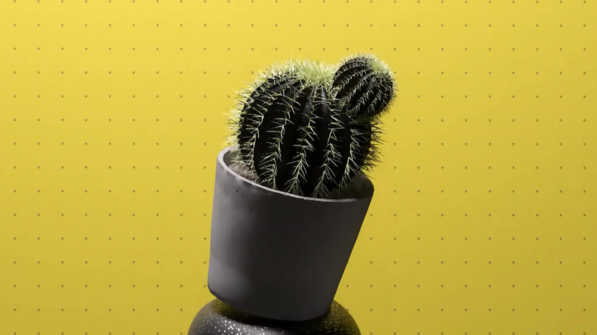 3D rendered dark green barrel cactus in a matte black pot on a yellow dotted background minimal home decor product visual