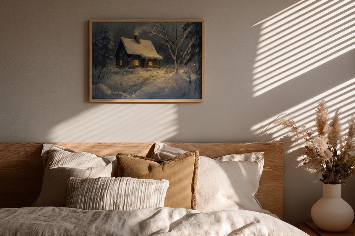 Cozy Retreat in Winter's Embrace printable wall art large format — winter cabin art for gallery wall