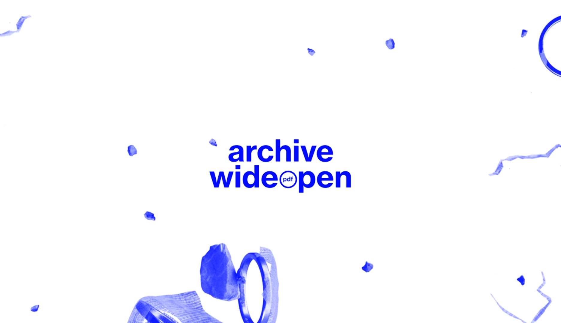 Archive PDF wide open Paris 2024 title card animation frame featuring the archive wide open pdf logo in blue on a white background with scattered painterly blue brush marks and ring shapes