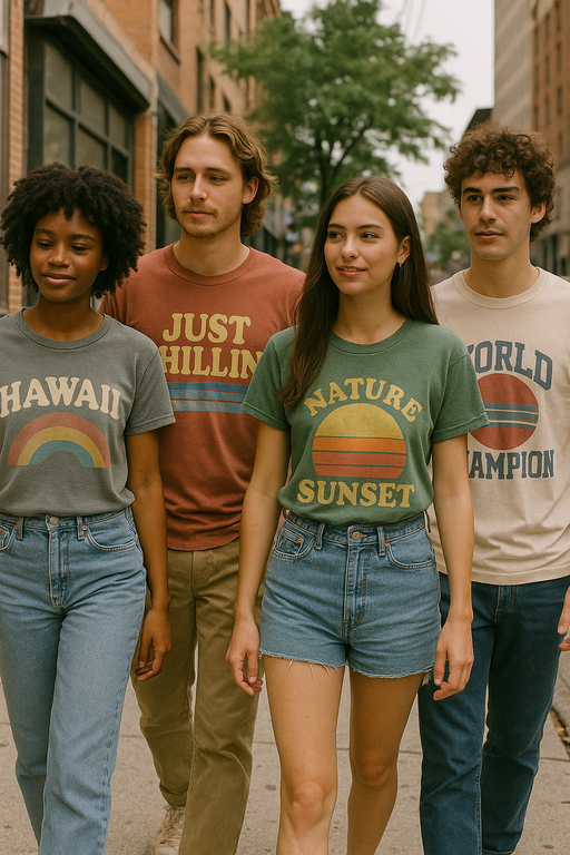Diverse group wearing stylish funny graphic T-shirts in urban setting