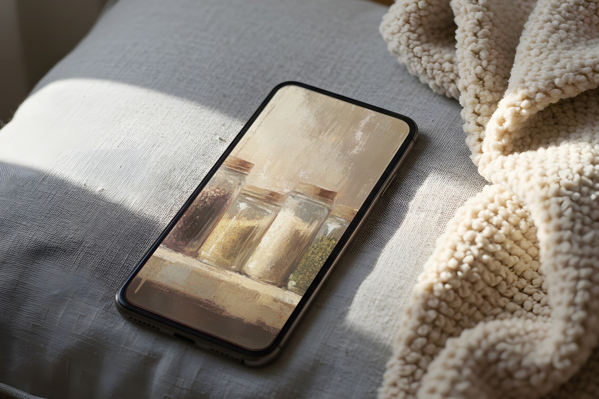Serene Pantry Spice Harmony farmhouse iPhone wallpaper in warm earth tones