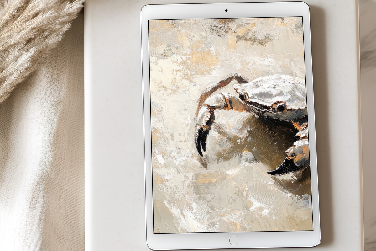 Crab's Wet Sand Journey Coastal iPad Wallpaper in sandy hues