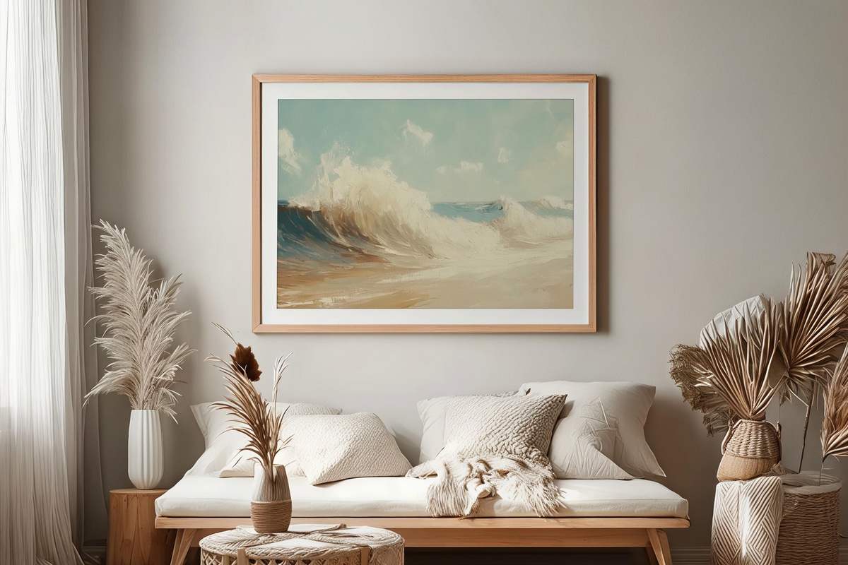 Vibrant Wave Symphony Printable Wall Art - crashing coastal waves on a sunny beach