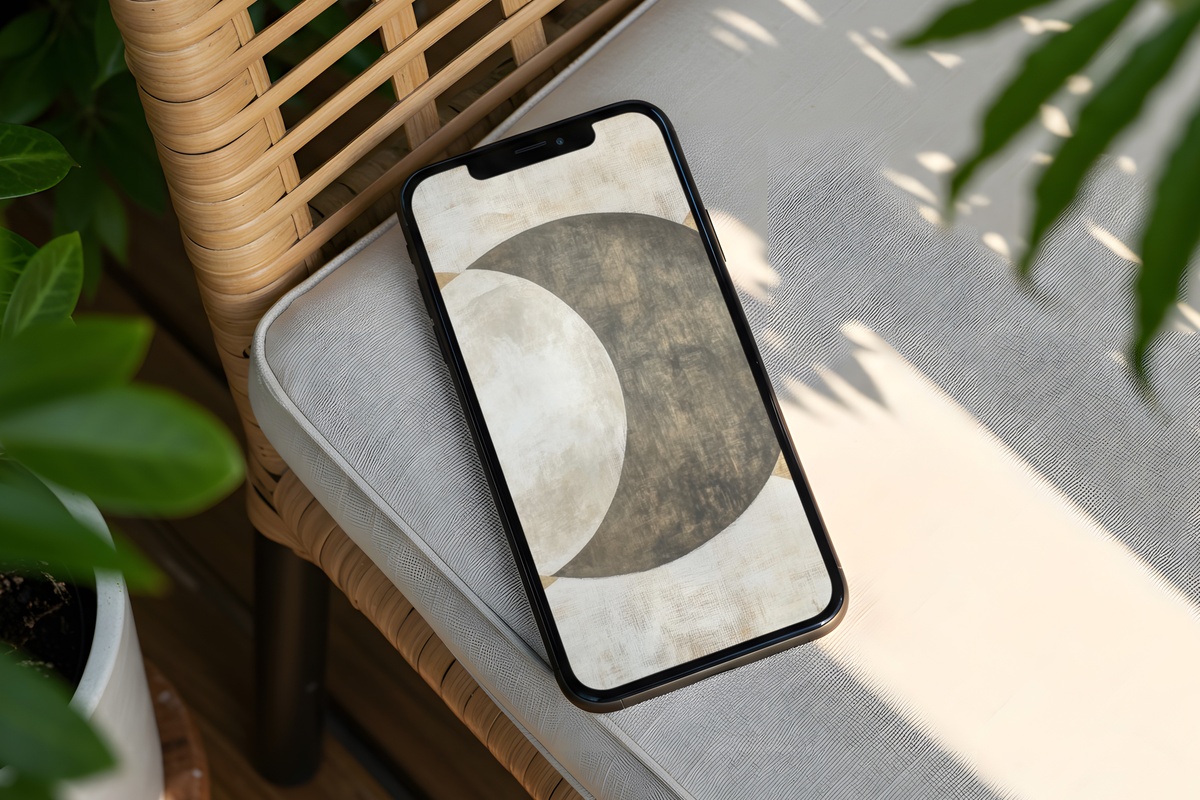 Calming Celestial Cycle Melody neutral iPhone wallpaper in warm earth tones