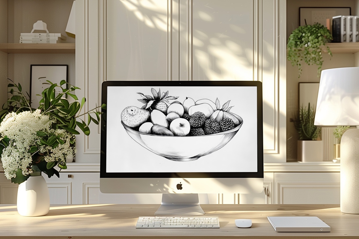 Fruit Bowl Line Elegance Black and White Desktop Wallpaper