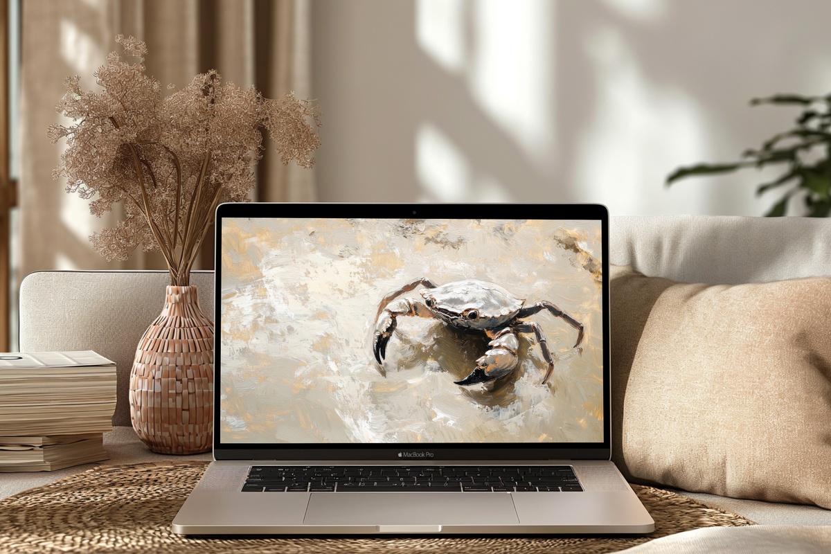 Crab's Wet Sand Journey coastal Mac wallpaper with crab on reflective wet sand
