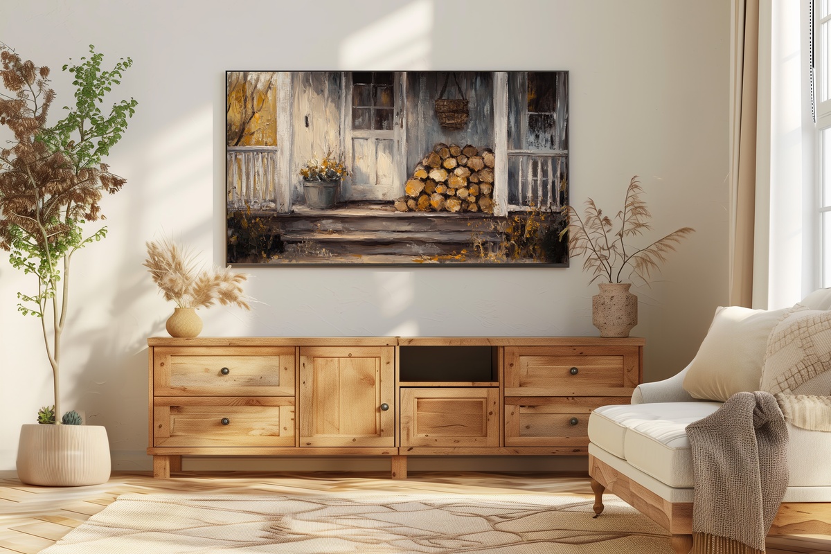 Firewood-Strewn Farmhouse Porch Frame TV Art