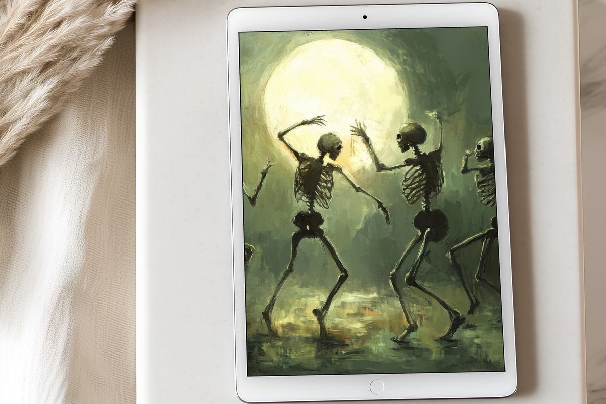 Skeleton Dance in Moonlit Glow Halloween iPad Wallpaper with muted sage green and moonlit tones