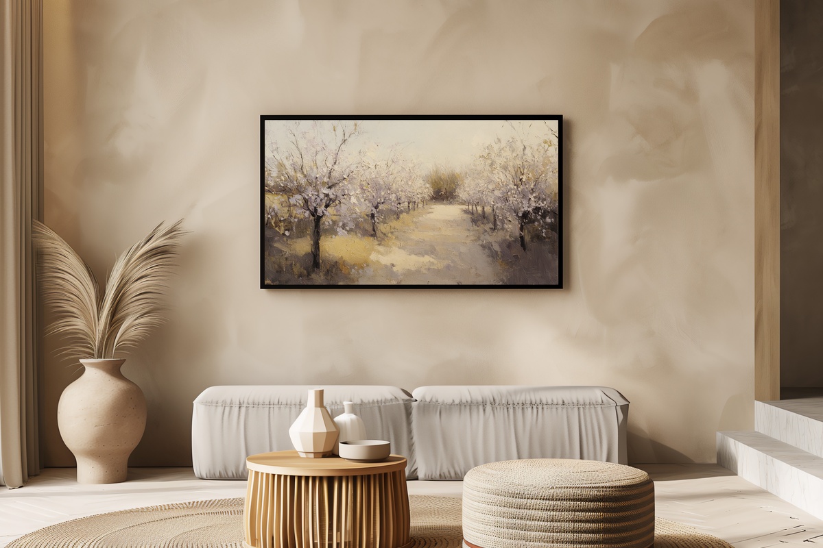 Orchard in Spring's Brush Vintage Frame TV Art — blooming orchard in impressionist artwork