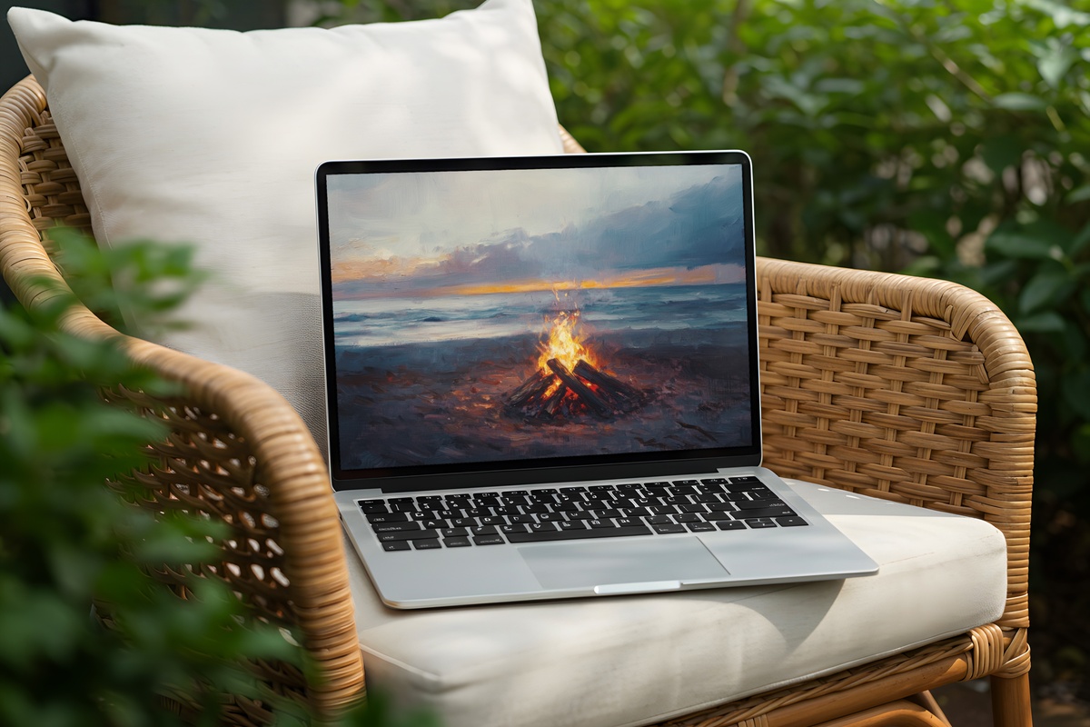 Twilight Beach Bonfire coastal desktop wallpaper with impressionist bonfire glow on a darkened shore