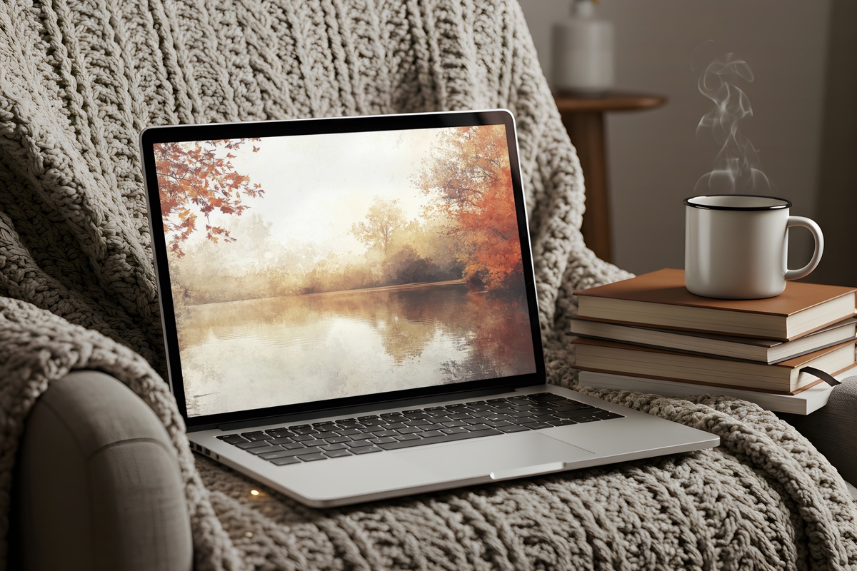 Lake Reflection in Autumn Hues fall Mac wallpaper with mirrored autumn treeline in gold and rust tones