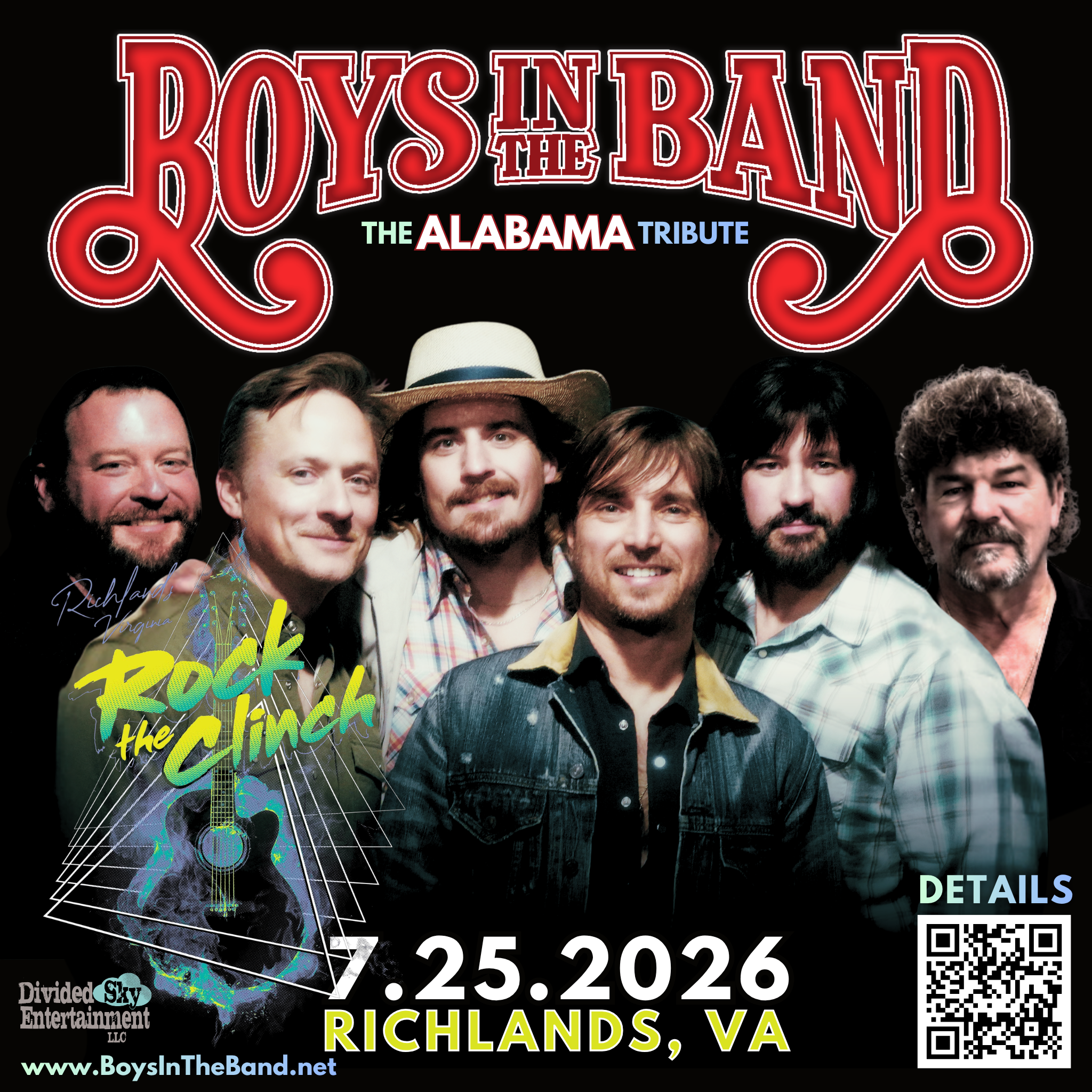 Alabama's greatest hits deserve an open sky and a crowd ready to sing every word — and that's exactly what's coming to the Rock the Clinch festival in Richlands, VA. Boys in the Band: The Alabama Tribute takes the Richlands Police Dept. Parking Lot stage as direct support for country legend Aaron Tippin in this free, all-ages outdoor celebration. Grab your crew, claim your spot, and get ready for a night of pure Southern country magic.