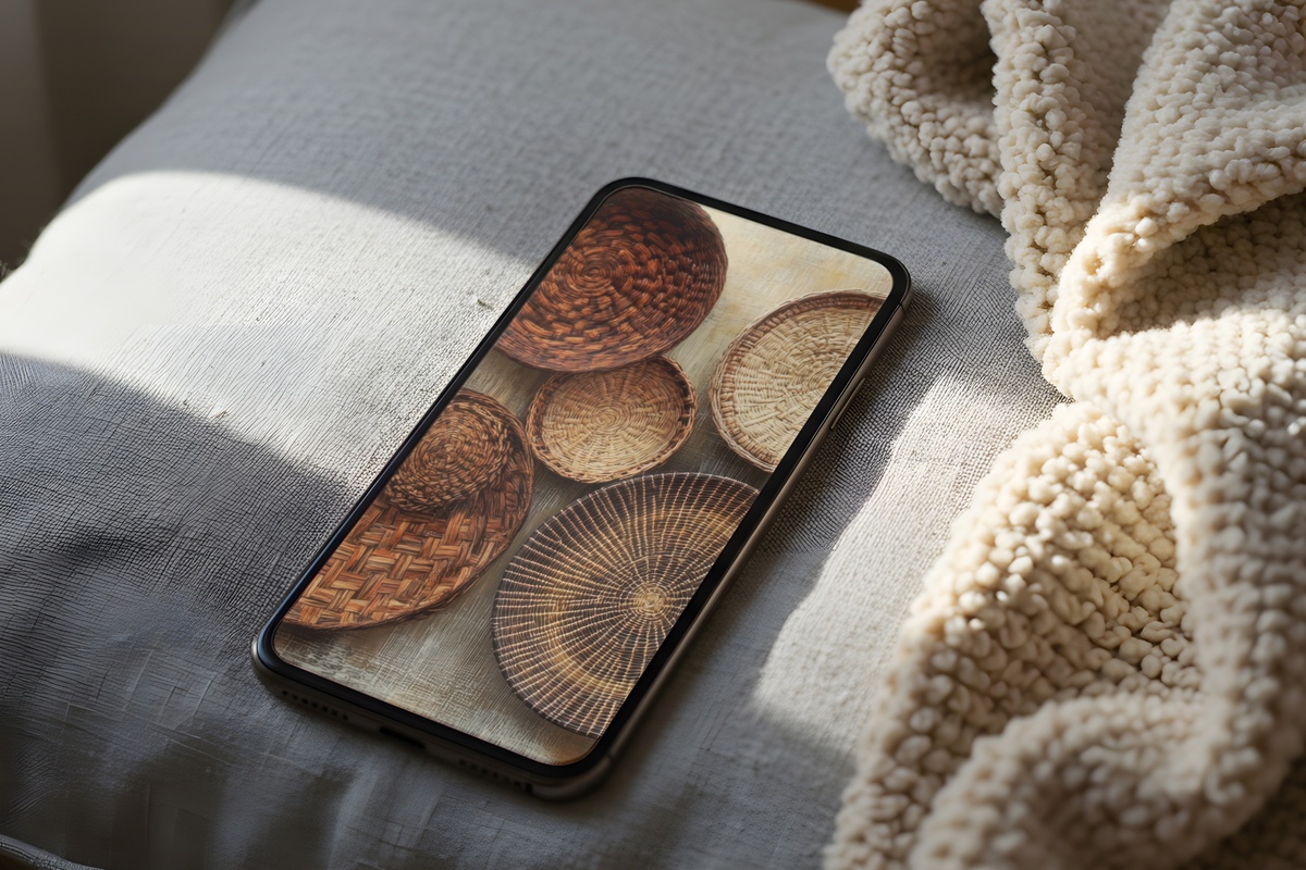 Handwoven Basket Elegance boho phone wallpaper in warm earthy hues
