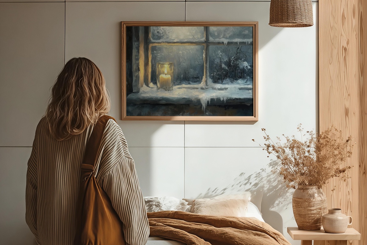 Cozy Winter Evenings Glow winter printable wall art with candlelit window