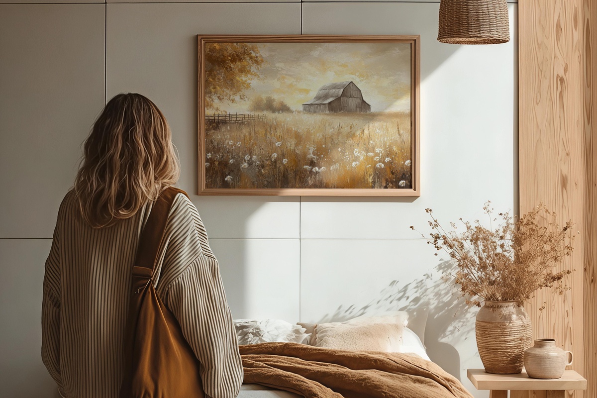 Sunlit Meadow Barn Serenity Farmhouse Printable Wall Art featuring a barn in a sunlit meadow