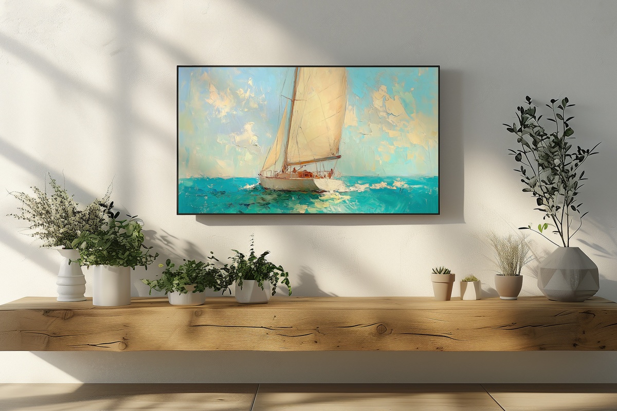 Turquoise Serenity Sailing Frame TV Art — impressionist sailboat on vivid turquoise water