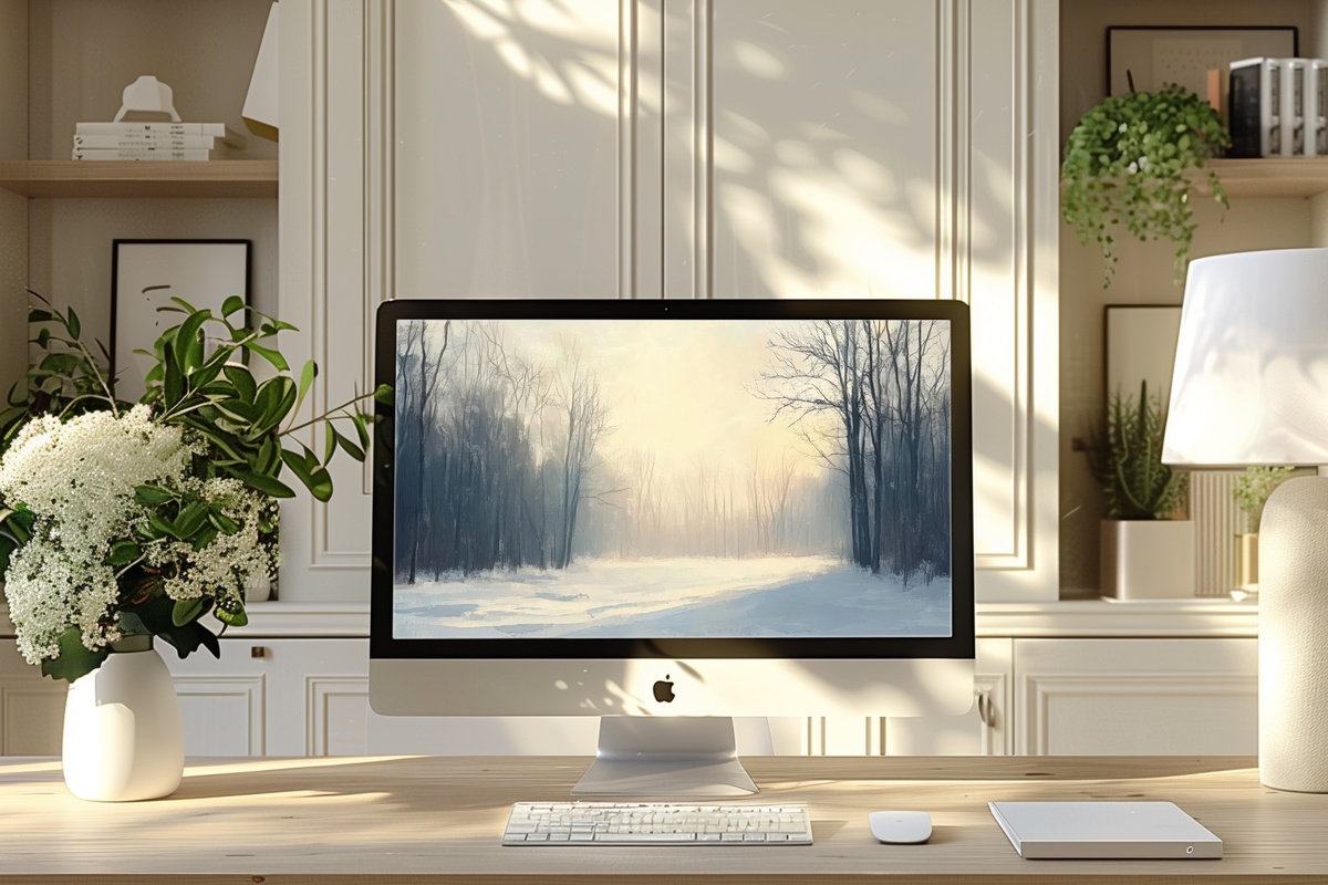 Frozen Dawn's Tranquil Glow Desktop Wallpaper - frosty sunrise through forest trees