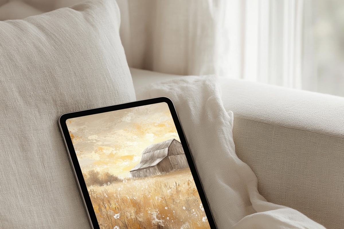 Sunlit Meadow Barn Serenity farmhouse iPad wallpaper with golden field tones