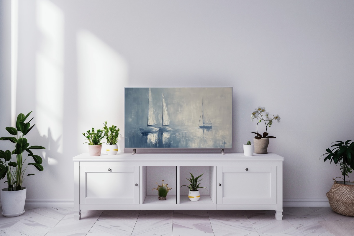 Sailing in Still Waters coastal Frame TV art with sailboats on a calm bay in impressionist style