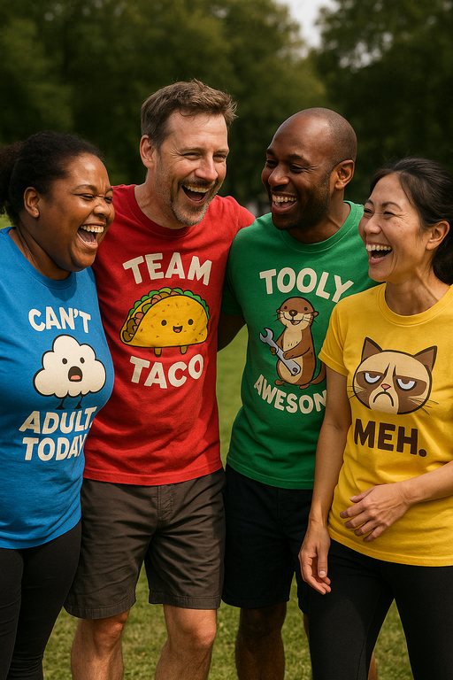 Diverse group wearing stylish funny graphic T-shirts in urban setting