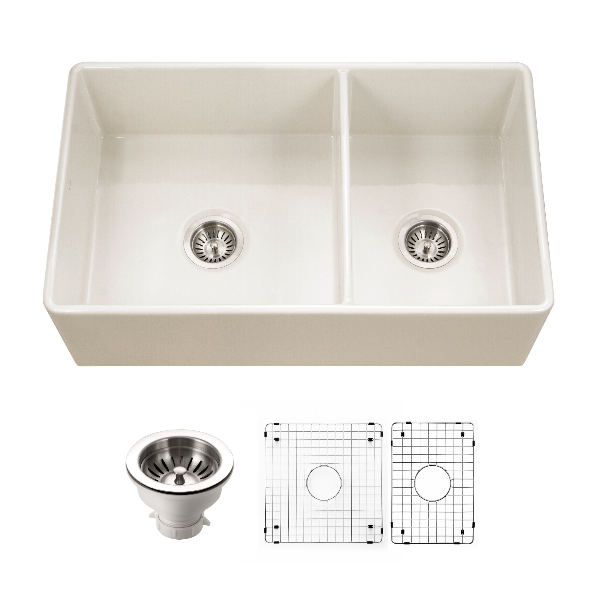 Houzer Platus 33" Fireclay Farmhouse Sink, 60/40 Double Bowl, Biscuit, PTD-6040 BQ