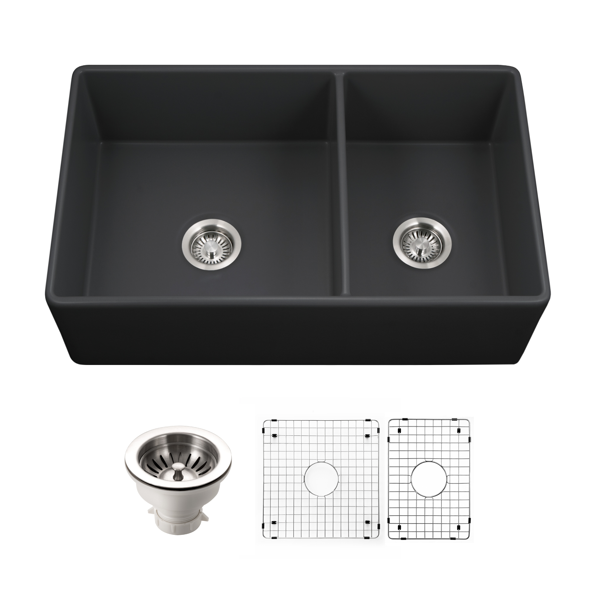 Houzer Platus 33" Fireclay Farmhouse Sink, 60/40 Double Bowl, Black, PTD-6040 BL