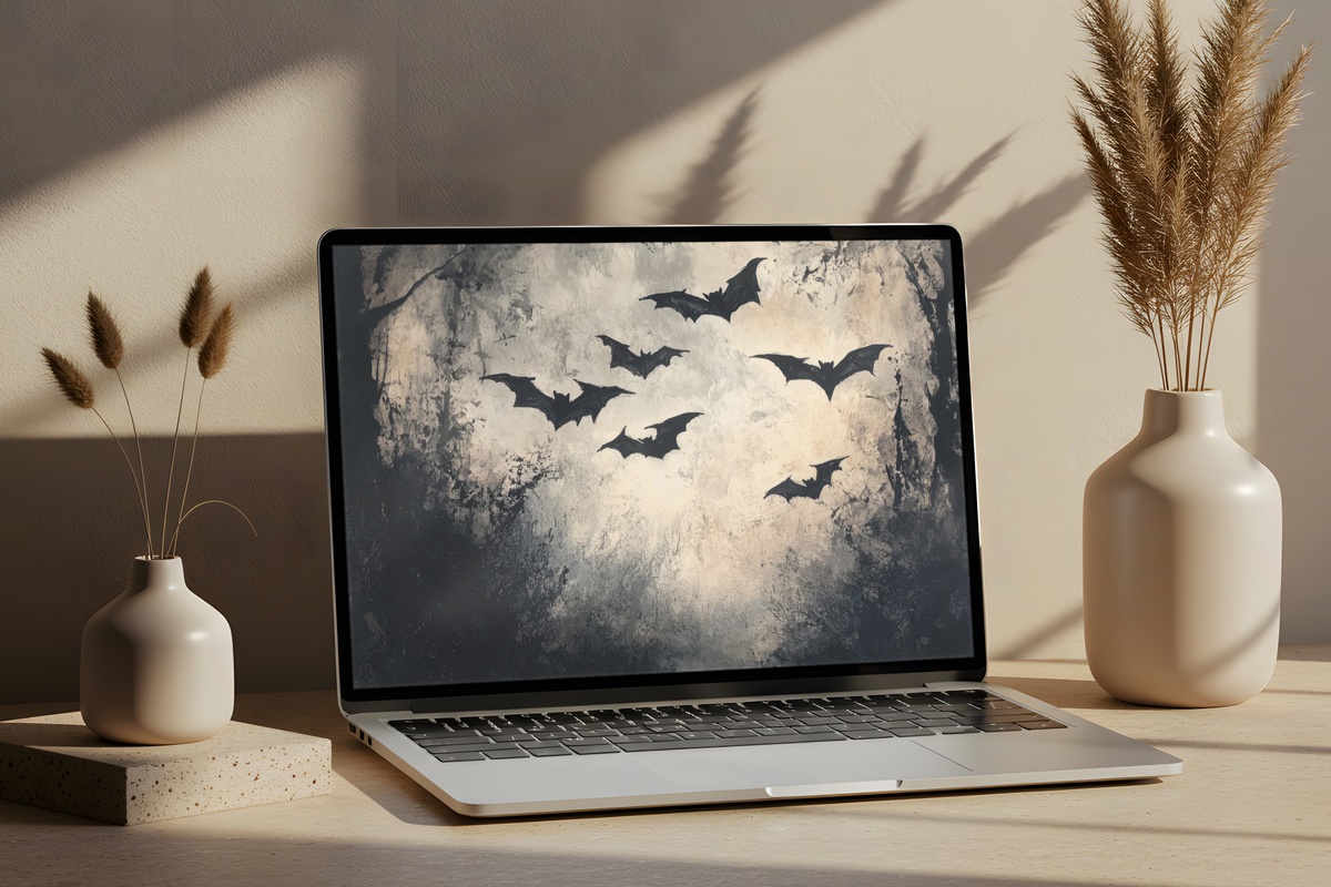 Bats in Enchanted Woodland Halloween Desktop Wallpaper
