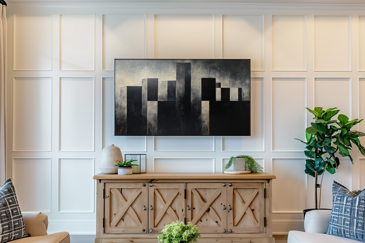 Cityscape Geometry Reflection Frame TV Art with geometric architectural cityscape in minimalist style